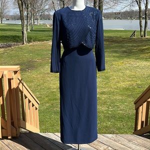 Karen Miller navy beaded sheath gown 12P